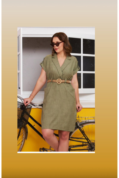 via moda Kemerli yeşil elbise