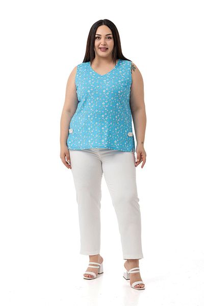 DISENTIS MODEST Plus Size Floral Print V Neck Sleeveless Blue Blouse with Side Slit Detail