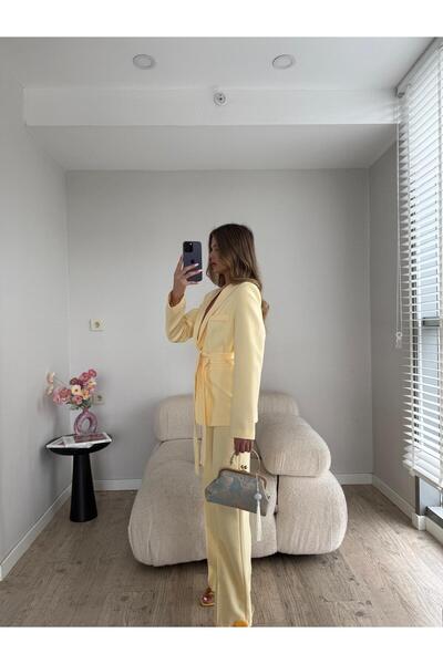 MYGİYİMİSTANBUL Bağlamalı Blazer Ceket Bol Paça Pantolon TakımRegular