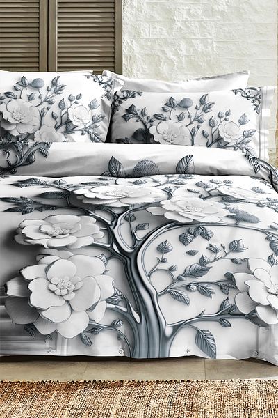 MonoHome 100% Cotton Ranforce Dowry Luxury 5D Digital Double Duvet Cover Set Silver