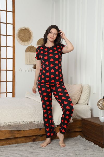 LİLA İÇ GİYİM Milan Heart Patterned Black Pajama Set