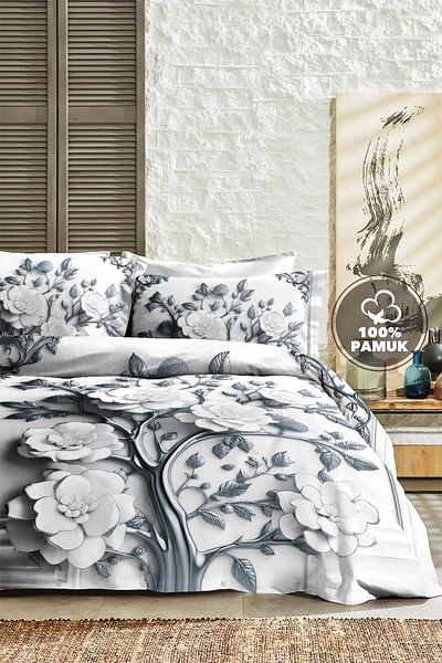 MonoHome 100% Cotton Ranforce Dowry Luxury 5D Digital Double Duvet Cover Set Silver
