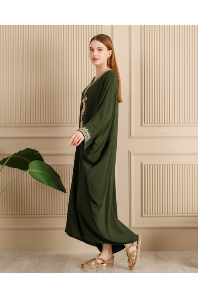 EMY TEKSTİL Women's 141 Embroidered Plus Size Viscose Long Dress Khaki