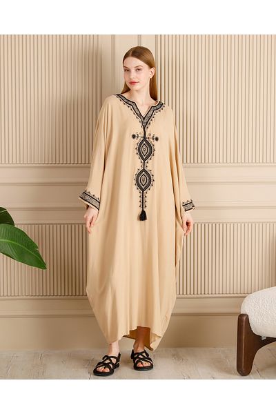 EMY TEKSTİL Women's Embroidered Plus Size Viscose Long Dress Beige