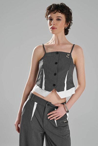 tw3 Γυναικείο Crop Bustier με Μεταλλικά Αξεσουάρ και Σχέδιο με Ποπλίνα