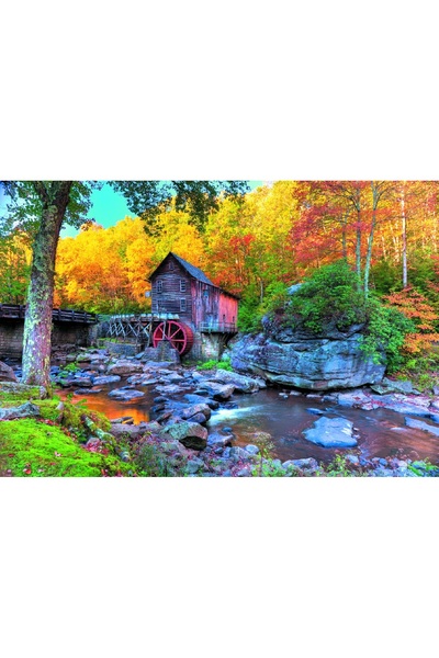 media Fototapet de perete autoadeziv si lavabil Toamna in padurea cu moara, 2...