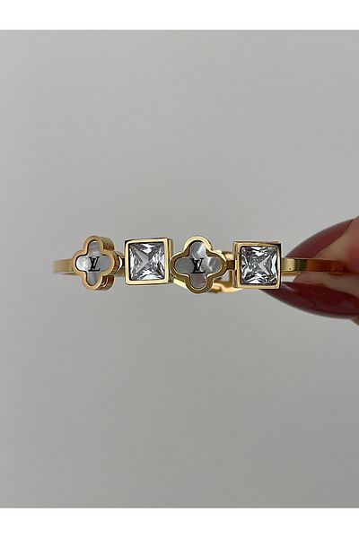 JELLY Women's Steel Gold Color Pearlescent Clover Model Zircon Baguette Stone Sparkling Handcuff Bracelet