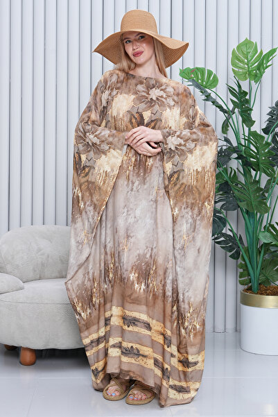 EMY TEKSTİL Women's Patterned Oversize Long Viscose Dress Brown Hijab Abaya