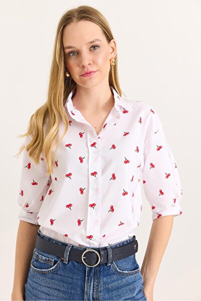 Raneel Kazançlı Alışveriş Balloon Sleeve Patterned Women's Shirt Red White