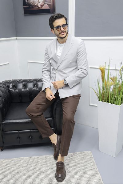 Avni Ceylan Verde Textured Seersucker Italian Style Slim Fit Double Breasted Men's Jacket Gray