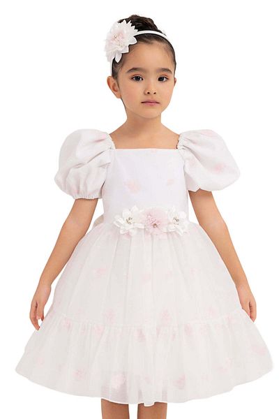 Pamina Elegant Dress for Girls, Pamina - Short, Matching Headband, White with Pink Details, 33094 - 104 cm