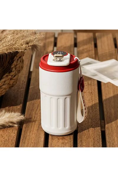 zola LED thermal mug, 460 ml, stainless steel, double walls, leak-proof closure, 16x7 cm, cream/red