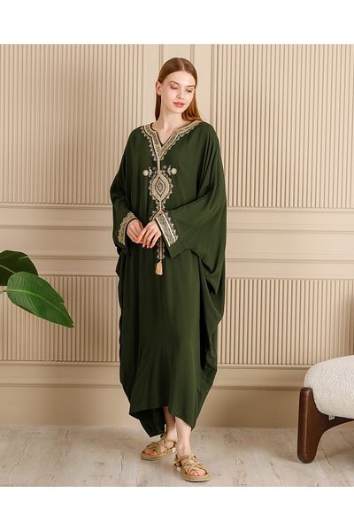 EMY TEKSTİL Women's 141 Embroidered Plus Size Viscose Long Dress Khaki