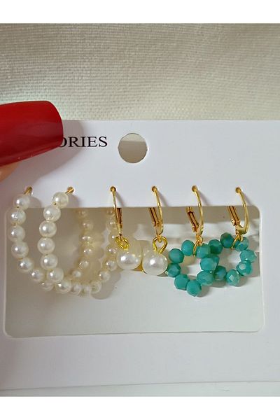 mos&more 3 Pairs Pearl Beaded Hoop Women's Earring Set