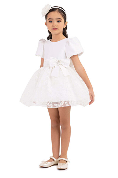 Pamina Elegant White Dress, - for Girls, with Matching Bow and Headband, 33227 - 68 cm