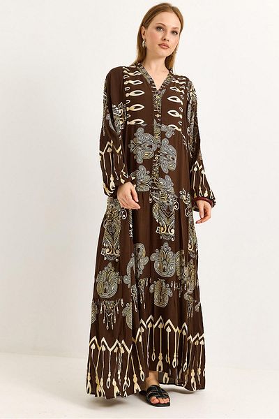 Raneel Kazançlı Alışveriş Button Collar Viscose Mixed Pattern Casual Dress Brown