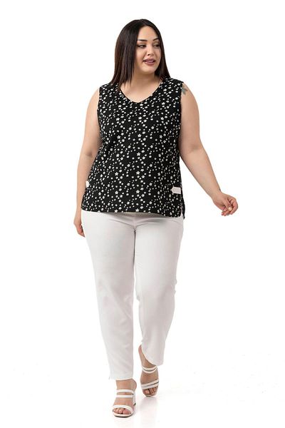 DISENTIS MODEST Plus Size Floral Print V Neck Sleeveless Black Blouse with Side Slit Detail
