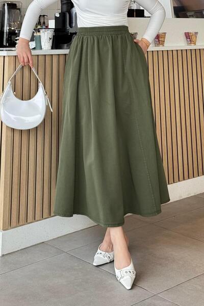 lamelif Pocketed Elastic Waist Gabardine Hijab Skirt Khaki