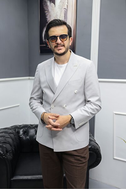 Avni Ceylan Verde Textured Seersucker Italian Style Slim Fit Double Breasted Men's Jacket Gray