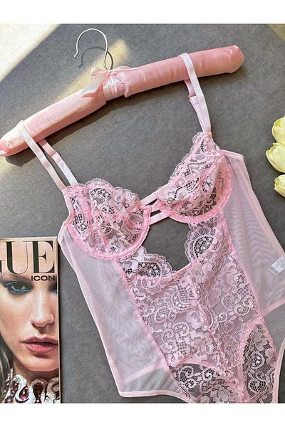 Jenny Daphne Body cu dantelă transparentă, fără căptușeală, cu snap în partea de jos, albastru-651