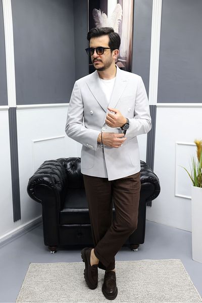 Avni Ceylan Verde Textured Seersucker Italian Style Slim Fit Double Breasted Men's Jacket Gray