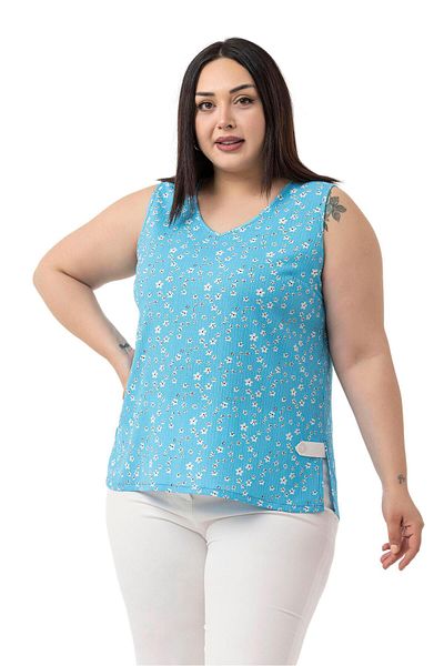 DISENTIS MODEST Plus Size Floral Print V Neck Sleeveless Blue Blouse with Side Slit Detail