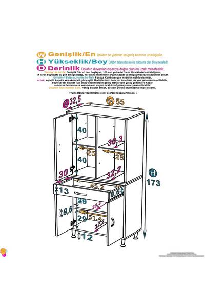 Modilayn 55 x 173 x 32,5 cm’lik 1 Çekmece 4 Kapak 3 Raf 6 Gözlü,Organizatör Mutfak Dolabı Çok Amaçlı Dolap