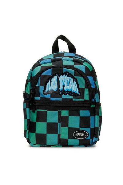 No Fear School Bag 03579 Blue Green Checkerboard Three Compartments