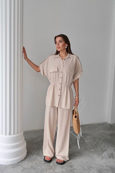 KAZAK Linen Waist Tie-Up Detail Shirt - Pants Suit - Beige