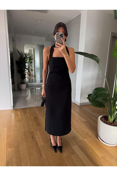 HARMONY GLOBAL Black Neck Strap Midi Dress with Slit Detail – Fit Mold, Tok Double Fabric 146