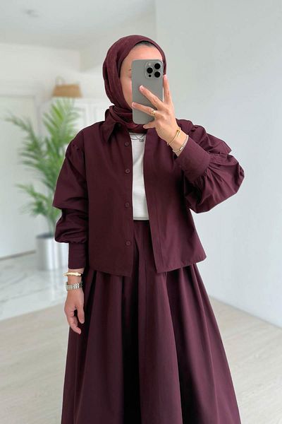 Ka Hijab Poplin Skirt Suit - Claret Red