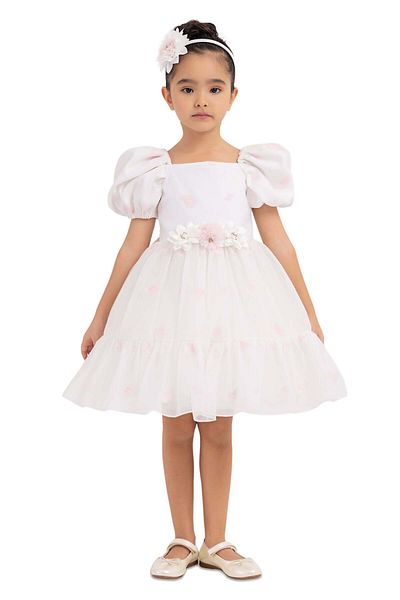 Pamina Elegant Dress for Girls, Pamina - Short, Matching Headband, White with Pink Details, 33094 - 104 cm