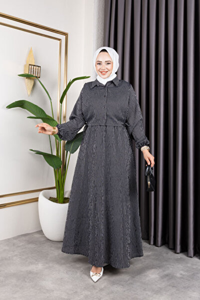 HİRA LİFE FASHİON قميص نسائي أسود للملابس الإسلامية مزين بخطوط من الفسكوز فست...