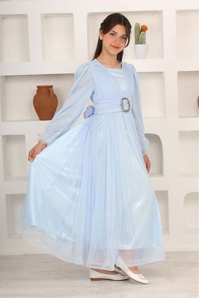 FMN Collection Girl's Long Hijab Evening Dress with Buckle Detail