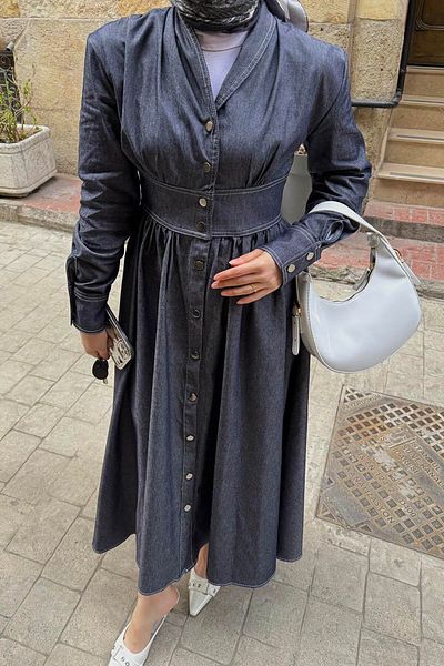 lamelif Μπροστινό ραμμένο φόρεμα Hijab Τζιν Μπλε