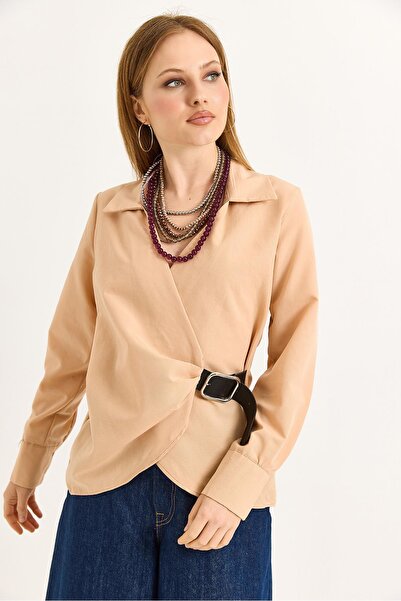 Raneel Kazançlı Alışveriş Belt Detailed Woven Shirt Beige