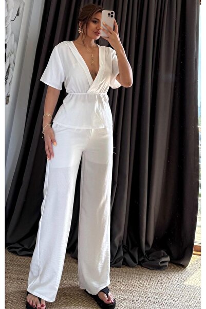 Daves White Elastic Waist Cotton Linen Trousers Set