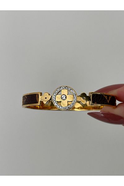 JELLY Women's Steel Gold Color Clover Model Zircon Stone Brown Leather Detailed Bracelet