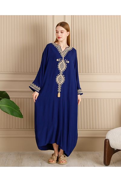 EMY TEKSTİL Women's Plus Size Embroidered Viscose Long Dress Navy Blue Hijab Dress