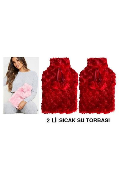 Bosphorus Warm Water Bag 2 Pcs, Red Color, Pompom Thermofor 26X17X2Cm 1 Liter
