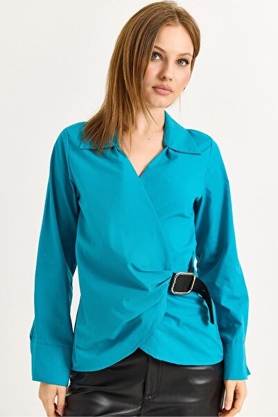 Raneel Kazançlı Alışveriş Belt Detailed Woven Shirt Blue