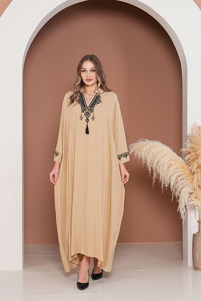 EMY TEKSTİL Women's Embroidered Plus Size Viscose Long Dress Beige Abaya Testtur