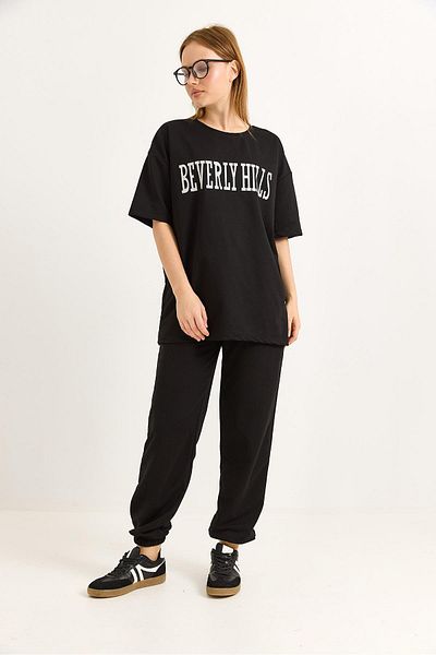 Raneel Kazançlı Alışveriş Print Detailed Knitted Double Tracksuit Set Black