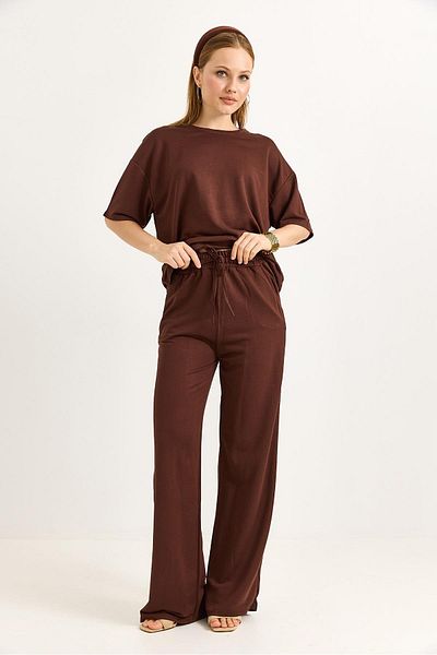 Raneel Kazançlı Alışveriş Comfortable Fit Crystal Knitted Tracksuit Set Brown