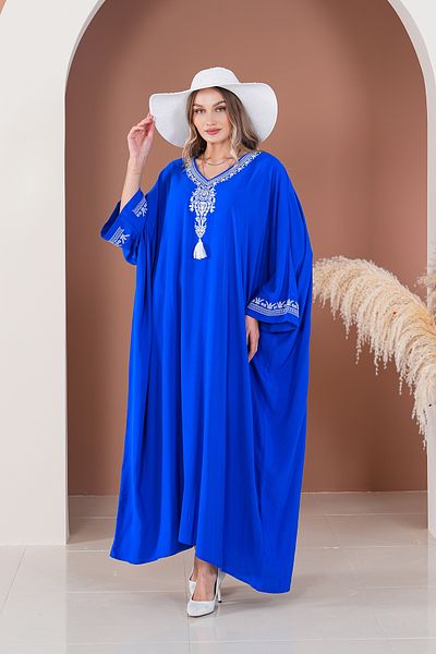 EMY TEKSTİL Women's Plus Size Embroidered Viscose Long Dress Saks Blue