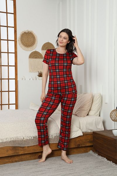 LİLA İÇ GİYİM Milan Plaid Pattern Short Sleeve Burgundy Pajama Set
