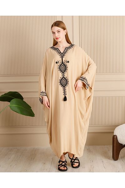 EMY TEKSTİL Women's Embroidered Plus Size Viscose Long Dress Beige