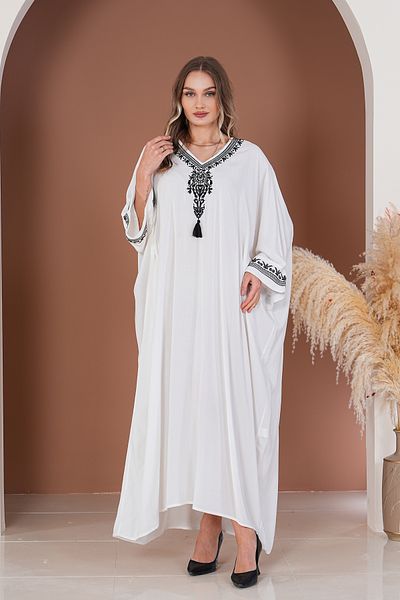 EMY TEKSTİL Women's Embroidered Plus Size Viscose Long Dress White Hijab