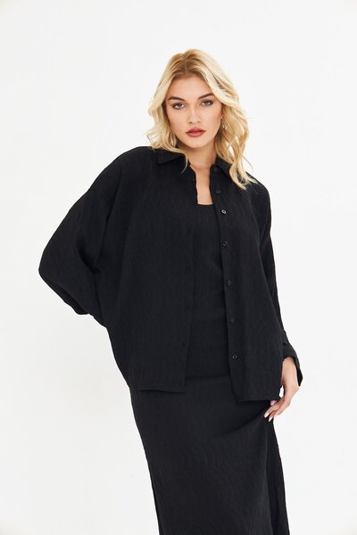 BELISTIL Black Oversize Pleated Wrinkle Long Sleeve Shirt