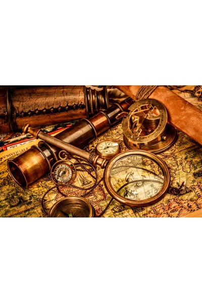 media Fototapet Harta, lupa, ceas, luneta, compas, vintage2, 350 x 200 cm
